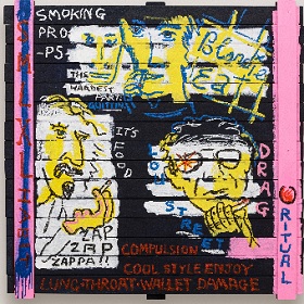 Photo of artwork mixed media piece looks like pieces of wood stuck together forming a square shape, this has been painted black with two soft pink vertical slats of wood on either side, inside the area are painted faces (outline only) the colours are blue and yellow and red, there are also words like smoking props, its food , drag, eat, compulsion, three of the four people are smoking a cigarette 