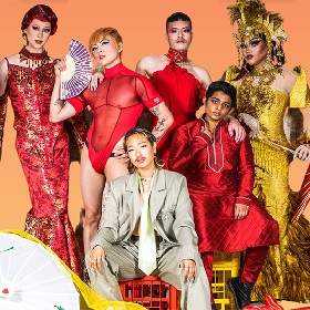 Photo of six people dressed in reds and yellows, glam style make up, people are dressed in fancy dress/ bondage style
