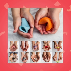 Collage of photos of hands sculpting different colours of clay into fortune cookies