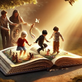 AI type looking illustration of children jumping on an open fairytale book, a fairy leaves a magical sparkling trail and adults stand behind in a park setting