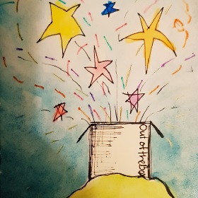 A drawing of a box sitting on a yellow  mound, the box is open and  colourful stars and little lines like fireworks are bursting out
