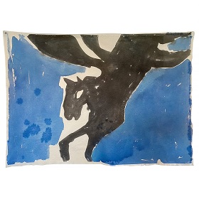 Looks like a watercolour painting of a black flying horse, the horse is placed horizontally across the page and has outstretched legs reaching the bottom of the image, there is a white almond shape hole where the eye should be, the background is roughly coloured in blue, and with a white border around the outline of the horse  