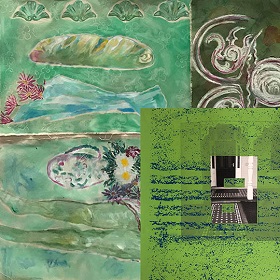 Collage of drawn images from inside the home and outside like flowers and a loaf of bread, iron work of fence, door stoop, vase - all have green lense over the top of images