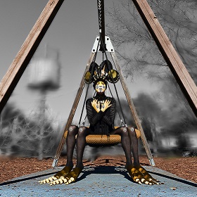 Colour altered photograph of woman dressed as spider with four legs in yellow and black costume with yellow and black facepaint