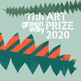 Greenway Art Prize promotional image mint green background with dark green  fern/ teeth like  pattern and white writing says greenway art prize 2020