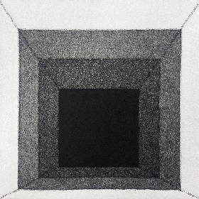 In the flat field exhibition promotional photo of a felt square the colour graduation starts at white and turns to black in the centre, fine black stitching sews the four different layers together
