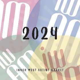 Illustration promotional image for Inner West Artist Market, the acronym is written in white font IWAM and placed on different angles, with coloured discs behind in pastel pink, blue, green, yellow. 2024 is written in back in the center and below in smaller black font reads Inner West Artist Market