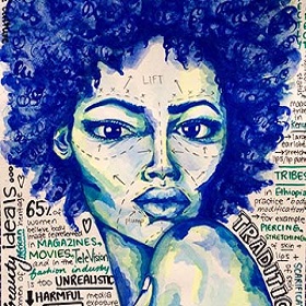 Artwork by Isabella-Aguilar portrait painting of woman, blue paint outline, face surgery markings drawn on face, afro hair, bare shoulder, writing in background in black and green with words associated to beauty and body image