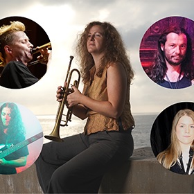 Photo of EK and the Extraordinaires, photo of Ellen holding a trumpet sitting down, overlaid on the four corners of the image are circles with four other musicians faces two are playing instruments