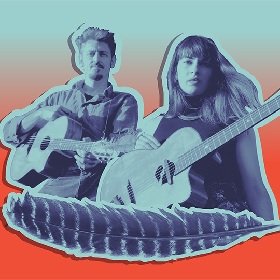 Cool illustrated photo with blue graduating to a reddish orange a black and white with a blue tint feather is placed near the bottom running across the image, two musicians with acoustic guitars are placed above and behind the feather in the same black and white image with blue filter