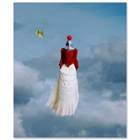 Collage three yellow petalled flowers are in the top left hand side of the illustration, in the middle is a body dressed in a white tiered old fashioned skirt, the body wears a red bodice type top with fluted sleeves, the body has a blue neck and their heard is pulled back and they balance a red ball on their face. The body appears to be floating on a blue cloudy sky