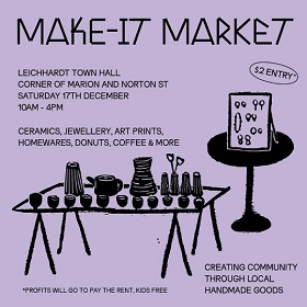 Illustration in black ontop of a lavender purple background, the picture shows a table with goods ontop like earrings on a display board, little vessels, vases and cups, a little cocktail table sits at the back with the display earrings, Make it Market is written on the flyer as well as market details
