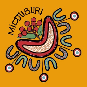 NAIDOC Week promotional illustration, on a yellow ochre background is an Aboriginal motif, some red berries on a stalk with leaves has the curved writing Midjuburi incasing the top, below the stalk is a boomerang shaped motif with outlines ans little dots in the centre in a repetitive pattern, under this motif is the symbol for people sitting (an uppercase U) alternative with yellow dots inside the U and red dots, four lines with circles on the end with dots in the centre are spread throughout the pattern of U's