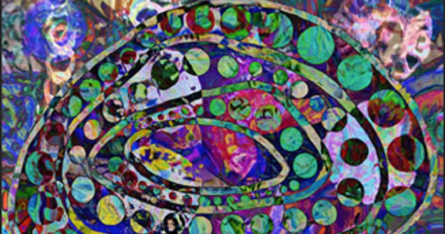 Mindfulness Art Project artwork Sacred Waterhole Portal, cropped artwork shows circle and concentric lined interspersed with dots, multicolour image