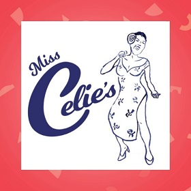 Illustrated blue lined  image of a woman dancing wearing a long floral dress with a high split, and high heels, she has a flower put behind her ear on the left, she appears to be dancing, stylised writing days Miss Celie\