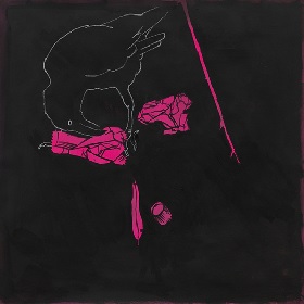 Illustration., black background with white outline of black crow - the crow is looking down at the ground busy inspecting a pink shape that could be patterned bark, there are 4 other bright pink marks on the page, bark, a stick, a gum leaf and gum nut