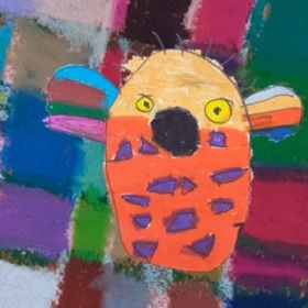 Painting of a bird like creature with round open mouth, yellow eyes, colourful oval shape body, cream top, orange bottom with purple dimples on chest and  wings, in background there is a checked pattern with varying colours like purple, black, green,  pinks and blues
