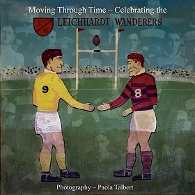 Painting of two football players one in red and one in yellow jerseys  overlayed with old photographs of football team