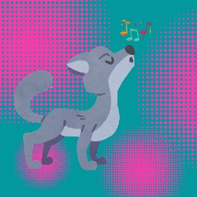 Illustration of a wolf singing on a pixelated blue, pink and grey background