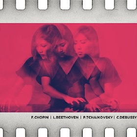 Photo of a woman with three exposures of her overlayed, the photo is black and white with a red filter, the woamn looks to right, the middle and the centre, she has shoulder lenght hair, a black v-neck and is Asian, her hand reaches out in fornt of her, the photo has been overlayed with a film strip frame with small black print formatted to the right bottom