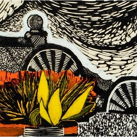 A black and white tone lino cut type print, the image looks like a art deco concrete fence shape with a large round form, there are fan like half arches in the forefront, infront of these there is a tin vase with yellow foliage and an orange background