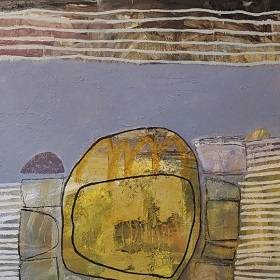 Abstract painting with black and white horizontal lines at top, golden semi circle and grey backgound