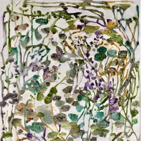 Cropped artwork by Sally Mowbray, watercolour  paints on paper, floral design with weed like plants