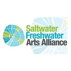 Salt Water Fresh Water Alliance logo, shell like circular shape with blue, green and brown, the words are also written Salt Water Fresh Water  Arts Alliance with the shell in background washed out behind text, text is in Green Blue and Brown font