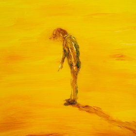 Painted picture of a body, the focus is not sharp and the lines are a bit blurred, a figure stands pointing down and is surrounded by a desert like yellow back and fore ground