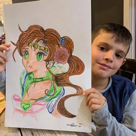 Young person holds up drawing of  Japanese style drawing cartoon character with long hair and green dress