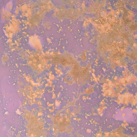 Sample of artists work created using compost, bright orange splatters sit on top a purple background
