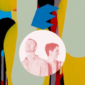 Photo of two people in a circle, their image seems to have colour removed but a pink filter over the top, the circle lies ontop of an abstract visual artwork piece with blue, red, yellow, black and light green  