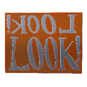 Illustrated image the words Look! Look! are written on a rust coloured background the words sit ontop of each other  the top one is back to front
