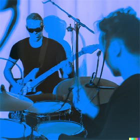 Illustrated black and white photo of two musicians, the photo is tightly cropped and you can see a drummer with a drumstick raised and in the background an electric guitarist wearing dark glasses, the photo has a bur and a blue lens/ filter on it