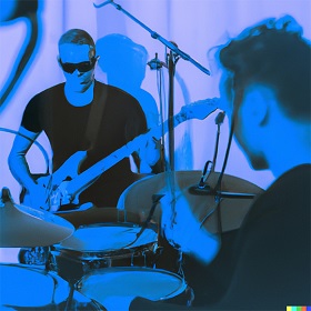 Blue tone photo of musicians wearing dark glasses playing instruments