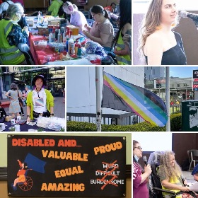 Montage of festival programming including performers, stall, banners, flags, one banner reads disabled and ... proud, valuable, equal, amazing