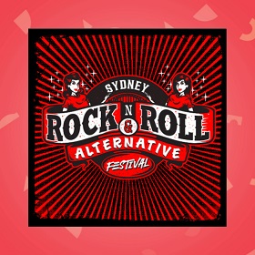 Illustrated red, black and white promotional event branding, banner with Sydney Rock n & Roll Alternative Festival is framed by illustrations of mirrored image of women on either side, women wear a red tshirt and long hair and are surrounded by white stars
