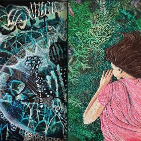 Cropped collage of artworks, firt image on left is a abstract painting with blues and whites and greens, second image is a hand stitched artwork of a child lying face down with hair fanning over bed of grass