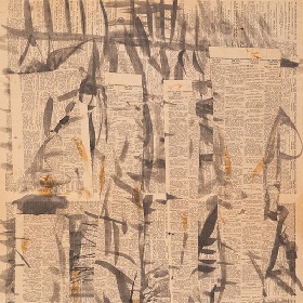 Photo of an artowrk made from brown newspapers with black and brighter brown marks made on top
