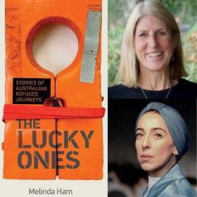 Photo collage, left horizontal panel looks like an industrial type orange chunky peg bound by a red tie, a metal strap is placed on the right top area and in large grey font reads The Lucky Ones, above it in a small black rectangle are the orange words Stories of Australian Refugee Journeys, at the bottom on cream background is the name Melinda Ham - on the top right square is a picture of Melinda Ham with a smile, below this is a saquare photo of Sarah Saleh in a blue grey coloured turban