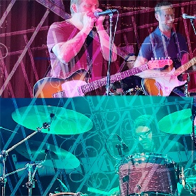 Photo collage of two phots of the Night Packers performing on stage, both photos show musician on stage, the first image has a pink overlay and the second a aqua blue tone