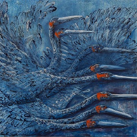 Photo of painting by Jeffrey Samuels The Power of Creativity: My Horizon Line a long necked bird reaches out from the left to the right of the paininting it has an orange mark near its eye and a long beak, the whole painting is blue apart from this area - the bird is layered multiple times  and its wings are stretched upwards, white higlights make features like feathers and the beak stand out