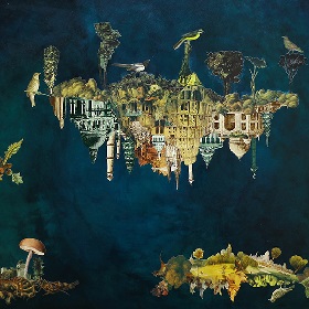 Illustration of birds perching on a cityscape, the feel is fantasy / harry potter and mystical the sky is a rich dark blue