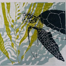 Lino cut of a black outlined turtle, there are rippled light blue lines under and overlaid is a khaki green seaweed like shape 