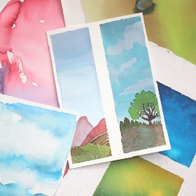 Collage of watercolour drawings on paper, trees, skies and abstract shapes