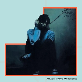 Pinting of a young perosn siting down with what looks like a phone to their ear, the tone of the painting is very blue coloured