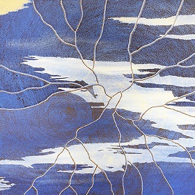 East Coast Matters exhibition promotional image blue background painting with silver lines meeting in centre of pic, looks like possible aerial of waterways