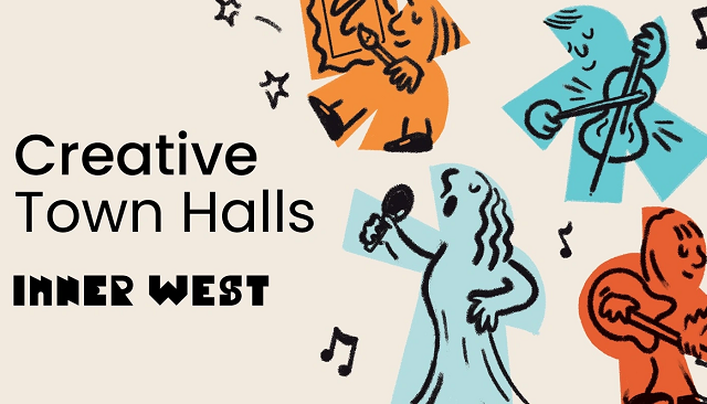 Illustration promoting Creative Use of Town Halls, black text reads Creative Town Halls, Inner West 4 drawn figures are placed to the right one holds a microphone with mouth open - a pale blue block outline colour sits behind the drawing, another plays guitar and has red block shape behind them, one plays a cello with highlighter blue block colour behind them and last figues holds a paintbrush and a canvas with orange behind them