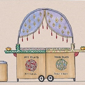 illustration by social designer Tasman Munro, drawing shows a wooden cart on wheels (in two panels) with writing my plate, your plate, pretty purple material awning with tassels in dome shape at top of cart, one seat is placed at each end of the cart