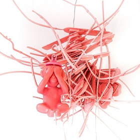 Coral pink 3d sculpture made from plastic monkey with hands over eyes, recycled plastic